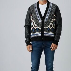 [XL]Vintage Randy River Suede Leather Knit Cardigan with Geometric Patterns